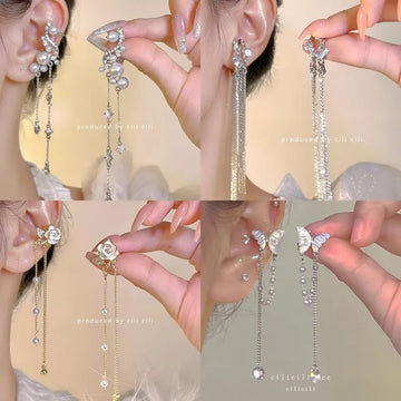 DAIIIBABYYY  -  Women Fairy Korean Fashion Butterfly Star Bow-knot Ear Clip Earrings Rhinestone Long Pearl Tassel Drop Ear Cuff Jewelry